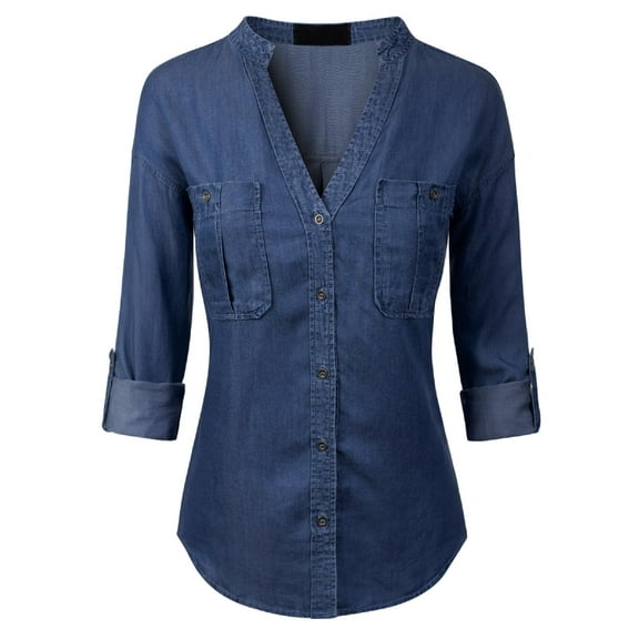 MixMatchy Women's Long Sleeve Solid Split Neck Tencel Button Down Shirt Blouse