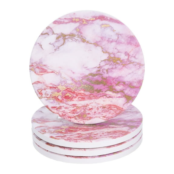 4Pcs Absorbent  Coasters Pink Marble Gilding Pattern Round Coaster with Cork Backing Non-Slip for Home Office 4inches