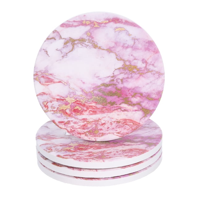 4Pcs Posavasos Absorbentes Patrón de Mármol Rosa con Dorado, Posavasos Redondo con Respaldo de Corcho Antideslizante para Hogar y Oficina de 4 pulgadas