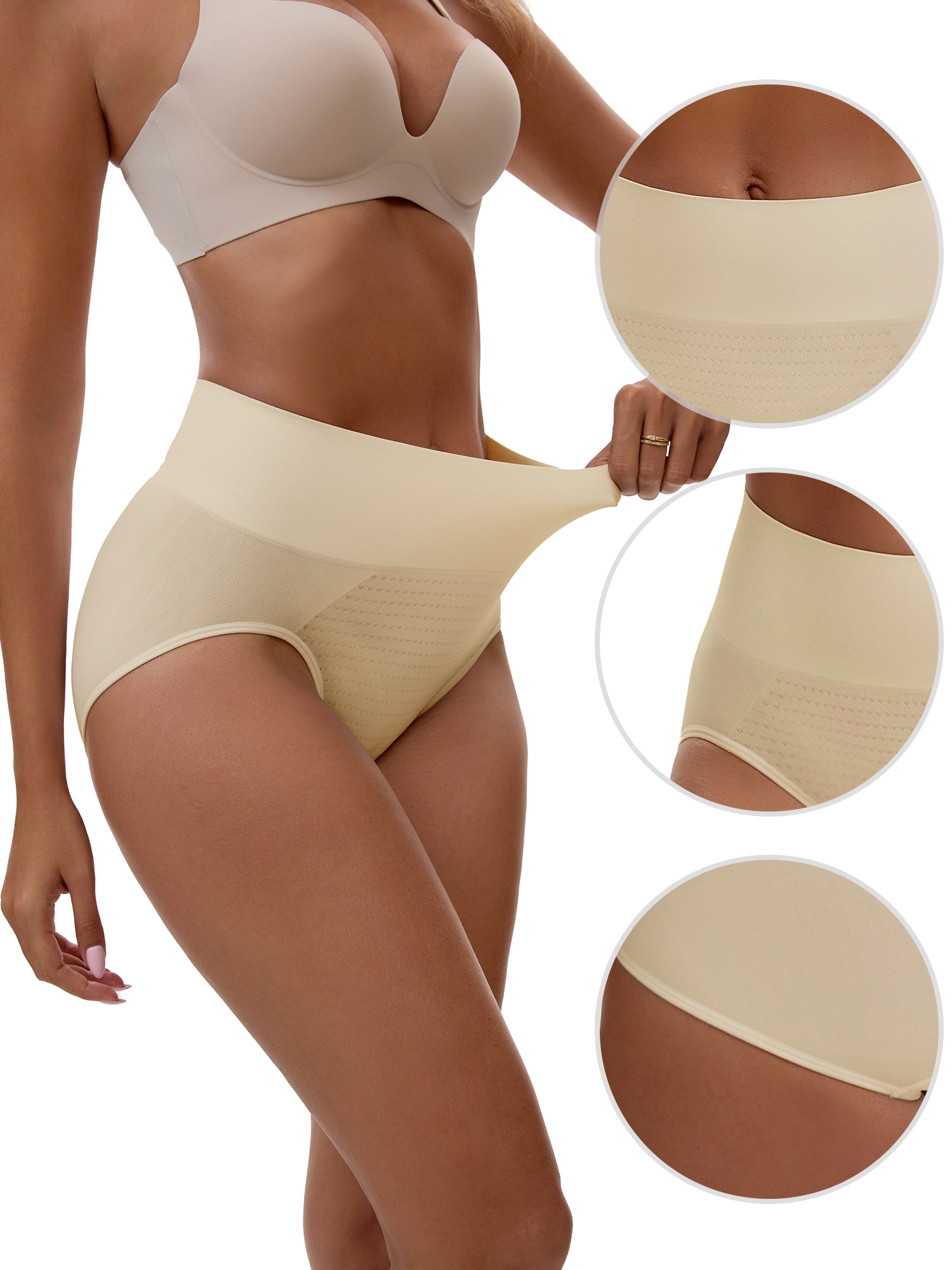 Unique Bargains Women's High Waist Tummy Slimming Elastic Waistband Briefs M Beige