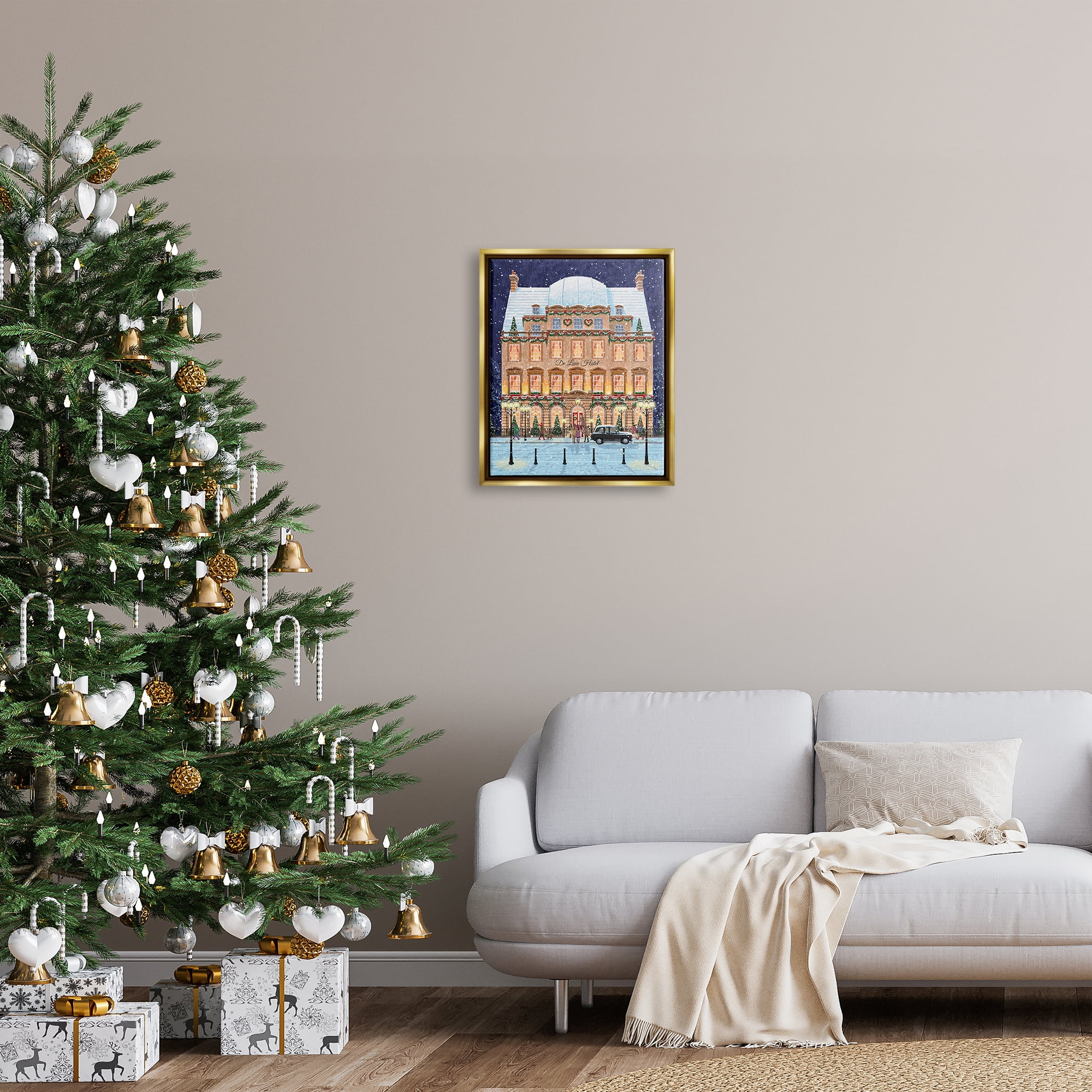 Stupell Industries Winter Hotel Christmas Festival Holiday Painting Gold Floater Framed Art Print Wall Art