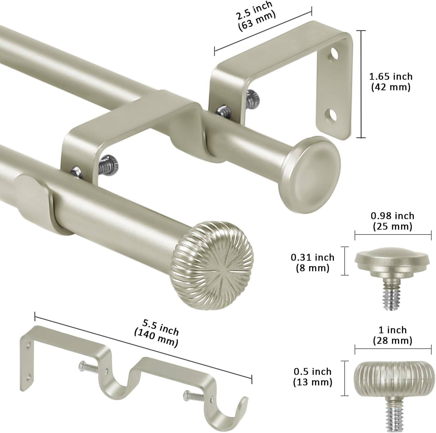 eTeckram 5/8" Double Curtain Rod with Adette Finials,Pewter,48‘’-84‘’