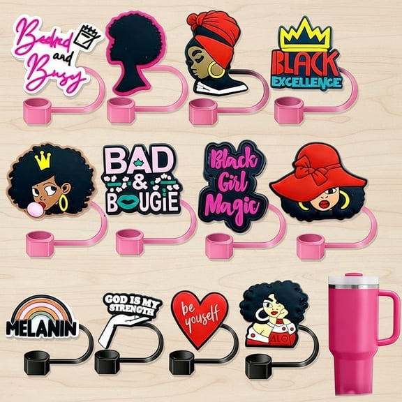 12pcs Straw Toppers for Stanley Cups, Black Girl Straws Cover Cap Valentine Toppers Compatible with Stanley 30&40 Oz Tumbler Cups for 0.4 Inch/10 mm Straws
