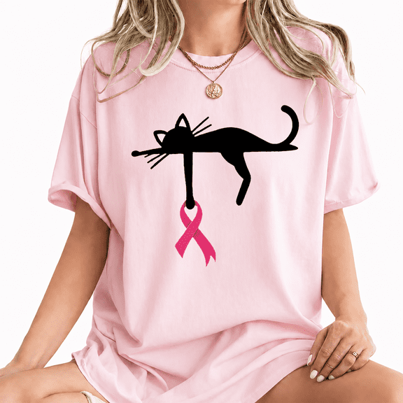 Godmerch Women's 100% Cotton Black Cat Lover Breast Cancer Awareness Pink Ribbon T-Shirt
