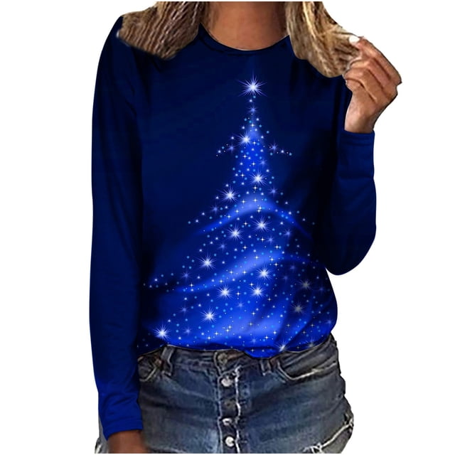 Jienlioq Hauts de Noël pour Femmes Liquidation T-Shirt Imprimé Manches Longues Blouse Col Rond Hauts Décontractés Chandail en Molleton