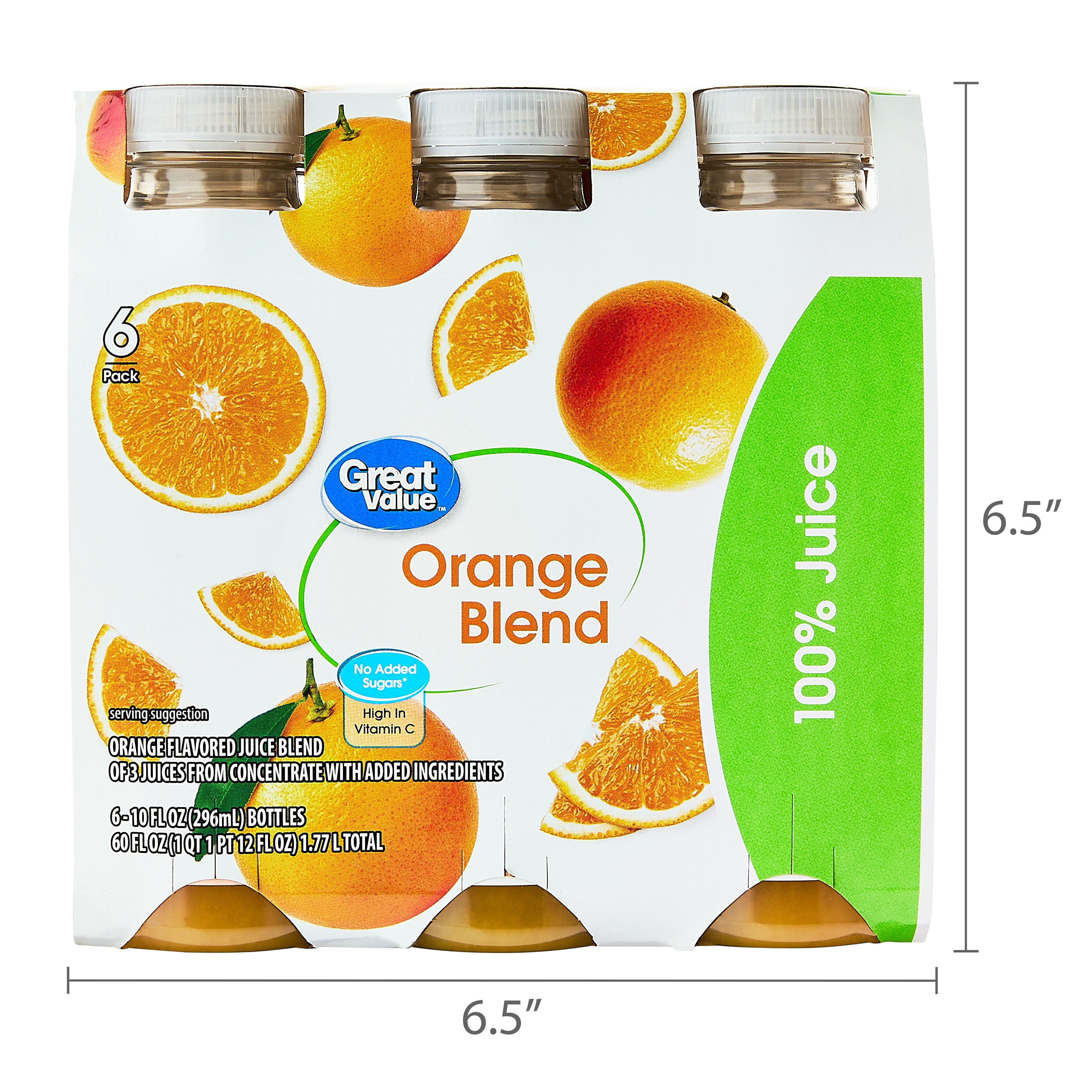 Great Value 100% Juice Orange Blend, 10 fl oz Bottles, 6 Count, No