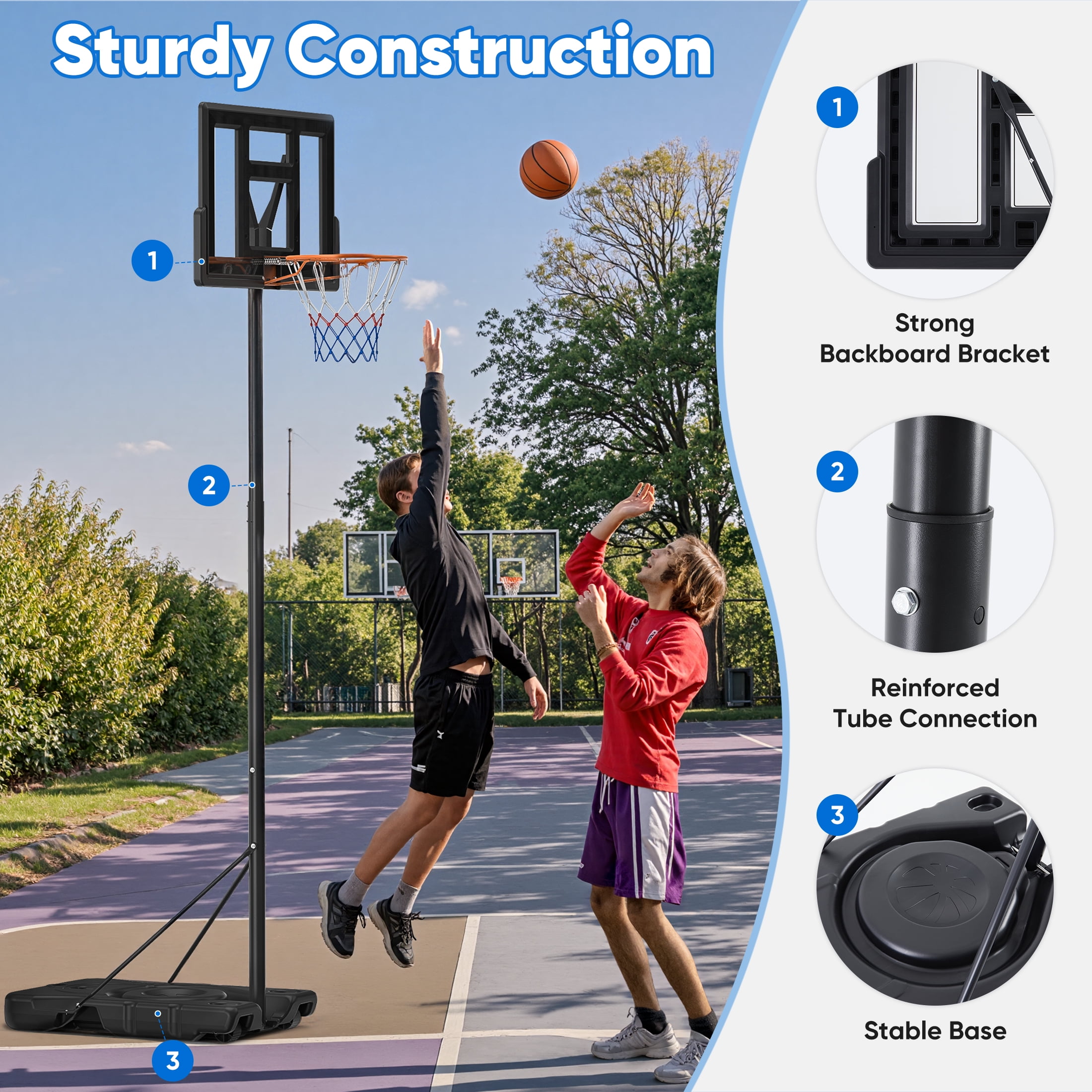 MCQ Adjustable Outdoor Basketball Hoops with 44-inch Durable Backboard, Adjustable Height 4.9 ft. to 10 ft. for Family Fun and Skills Training