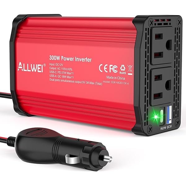 HAYAN 300W Power Inverter DC 12V to 110V AC, Compact Car Plug Adapter Outlet with 27W PD USB-C &18W USB-A Fast Charging, Cigarette Lighter Adapter Car Charger for Phone, Laptop on Road Trip - Red