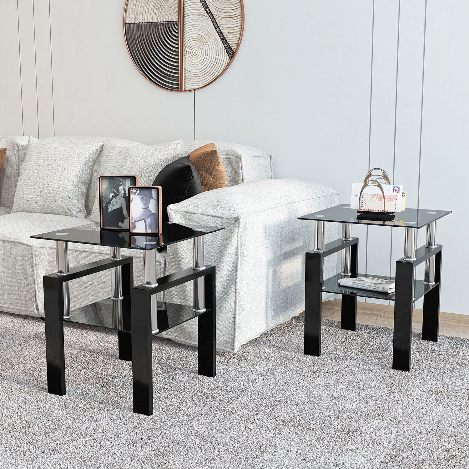 Royard Oaktree End Table Set of 2, Square Tempered Glass Side Table with Shelf and Metal Legs, Black