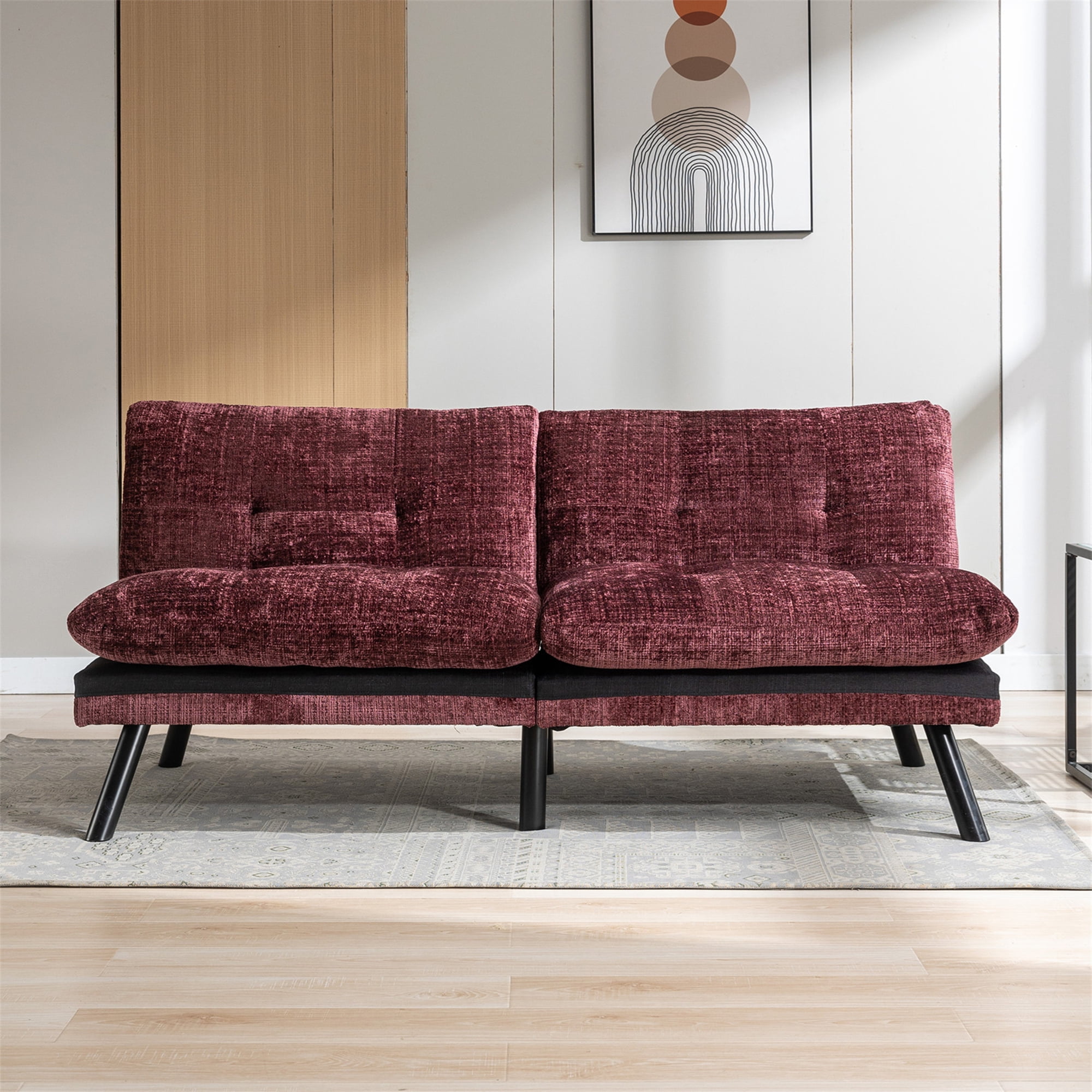 Aukfa 72" Wide Upholstered Futon Convertible Sofa Bed for Home Office, Split Back, Chenille, Red