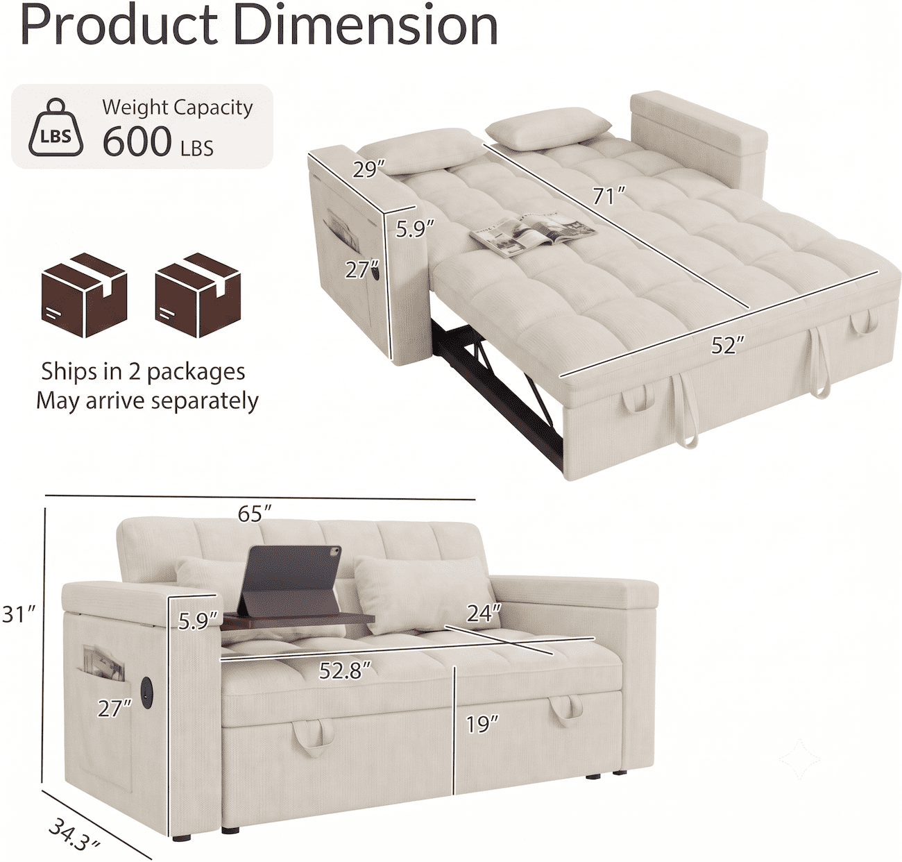 Xiweot 65" Sleeper Sofa Bed, 3-in-1 Convertible Chenille Futon Couch, Loveseat Sofa with Adjustable Backrest, Pull out Couch with Storage Armrest & Pillows for Living Room Apartment (Biege)