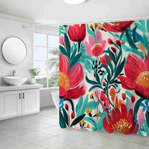 70x70 inch Abstract Red Pink and Teal Watercolor Floral Shower Curtain, Waterproof Polyester Fabric with Hooks for Bathroom Decor