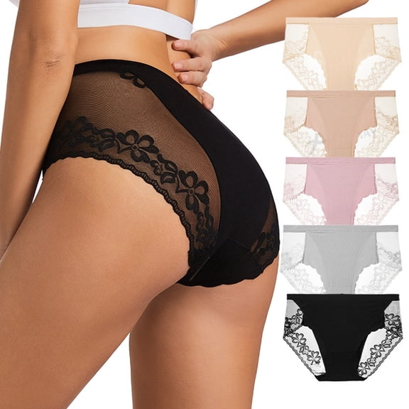 Siminsem Cheeky Panties for Women Lace Underwear Low Rise Seamless Breathable Scalloped Lace Trim Brazilian Cut Panties Ladies Soft Cotton Liner Multipack, Black,L