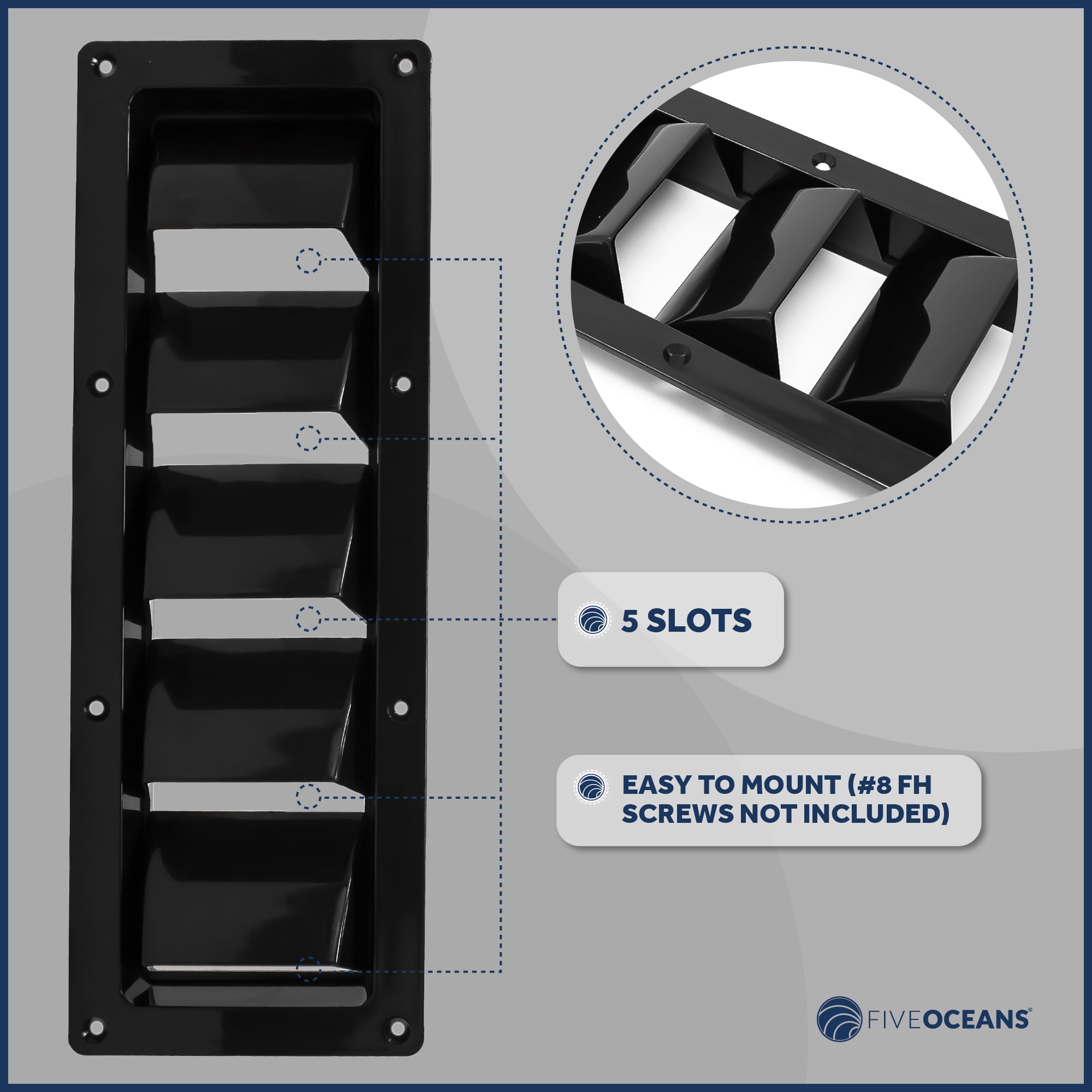 Five Oceans 5-Slotted Louvered Ventilators, 13-1/4-Inch x 4-3/4-Inch, Black ABS Plastic - FO105