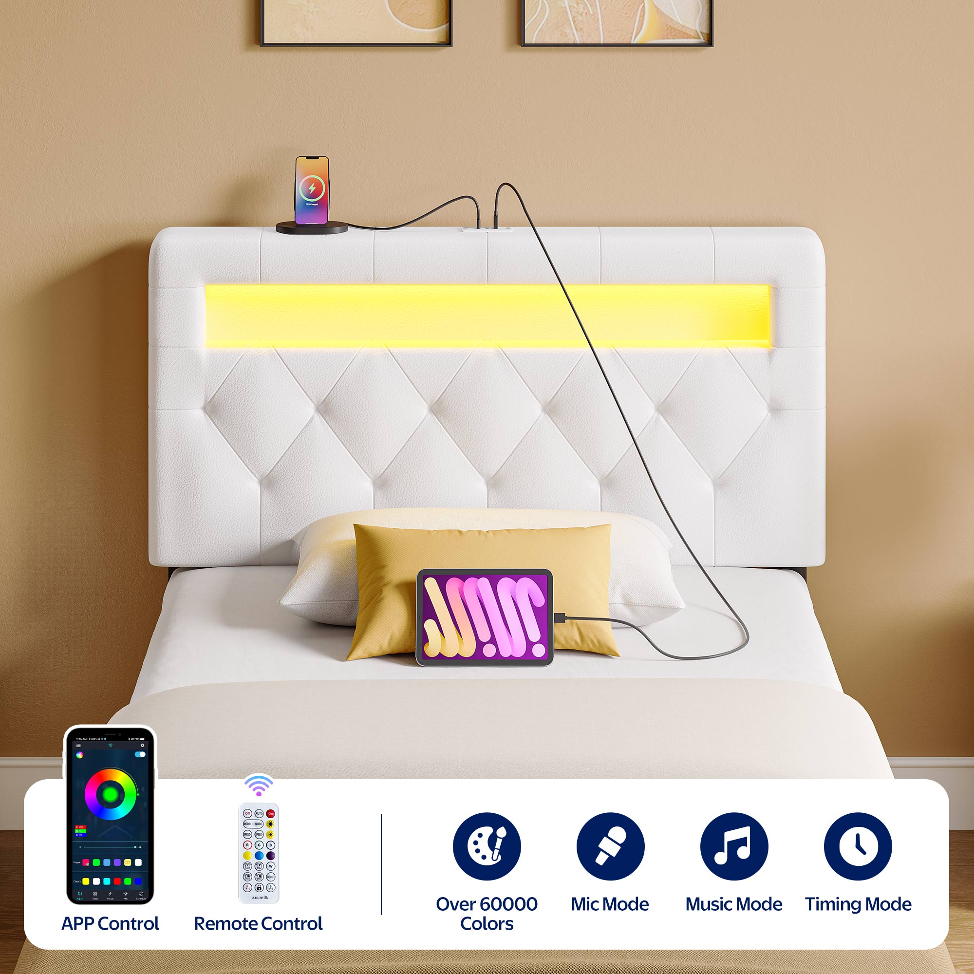 Rolanstar Twin Size Headboard Only - Wall Mount Upholstered Head Board with LED Lights, Charging Station & Soft Padding,White