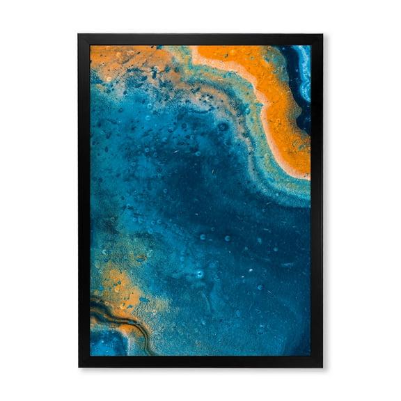 Designart 'Abstract Marble Composition In Orange and Blue V' Modern Framed Art Print