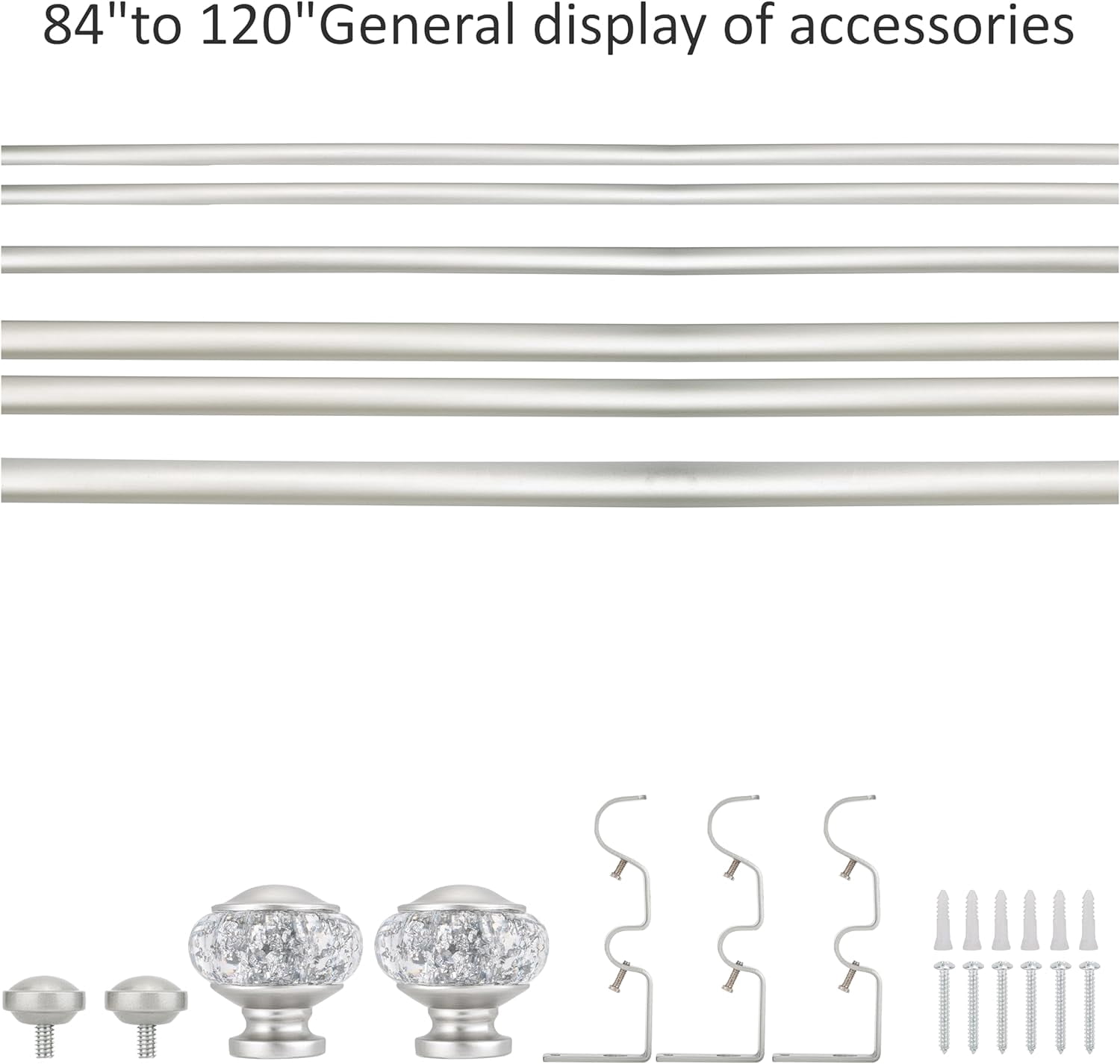 eTeckram 1" Double Curtain Rod with Leville Finials,Silver,84‘’-120‘’