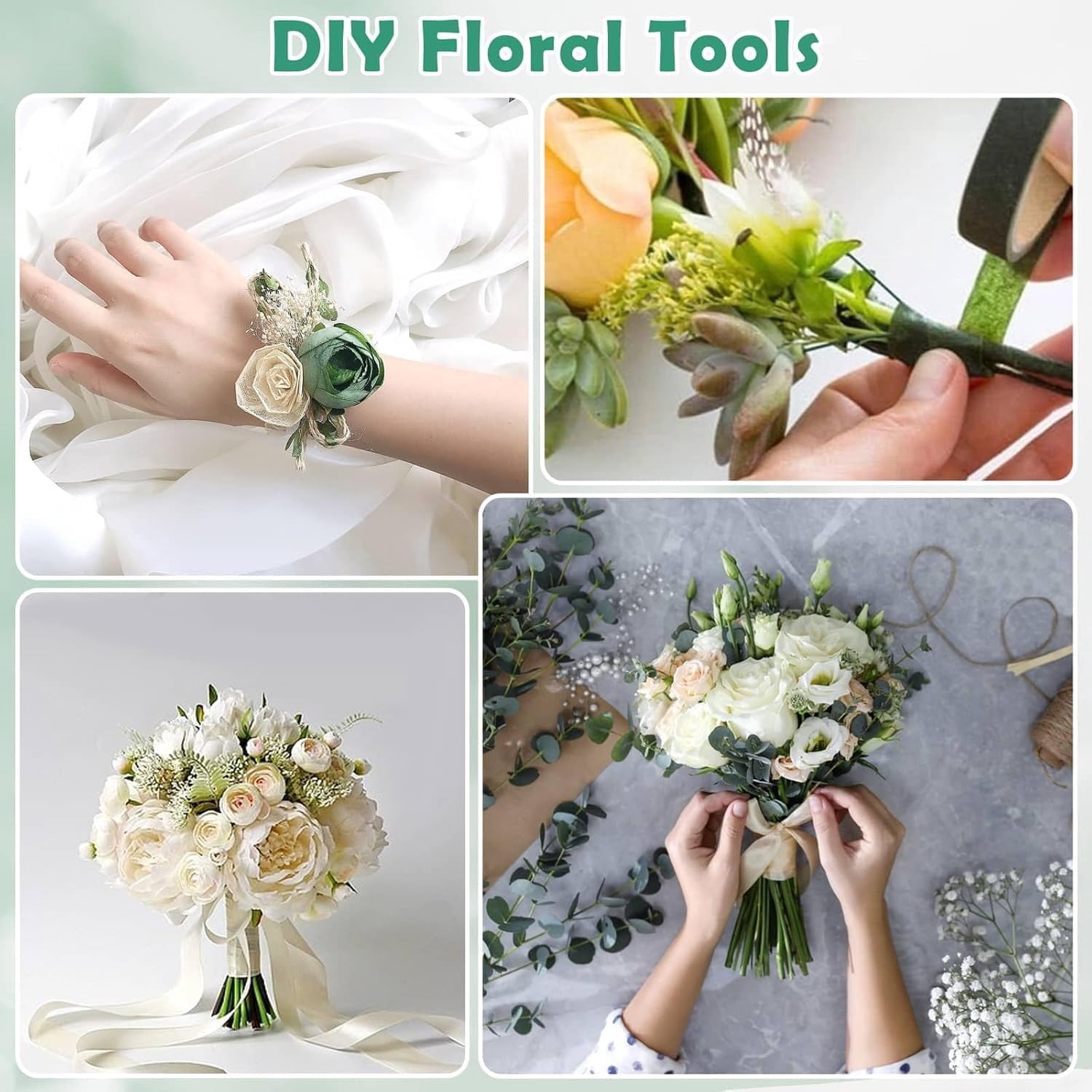 Floral Tape and Floral Wire Arrangement Tool Kit with Green Floral Tape, Floral Wire, Boutonniere Flower pin, Wire Cutter, White Ribbon and Elastic Pearl Wrist Corsage Bands for Bouquets