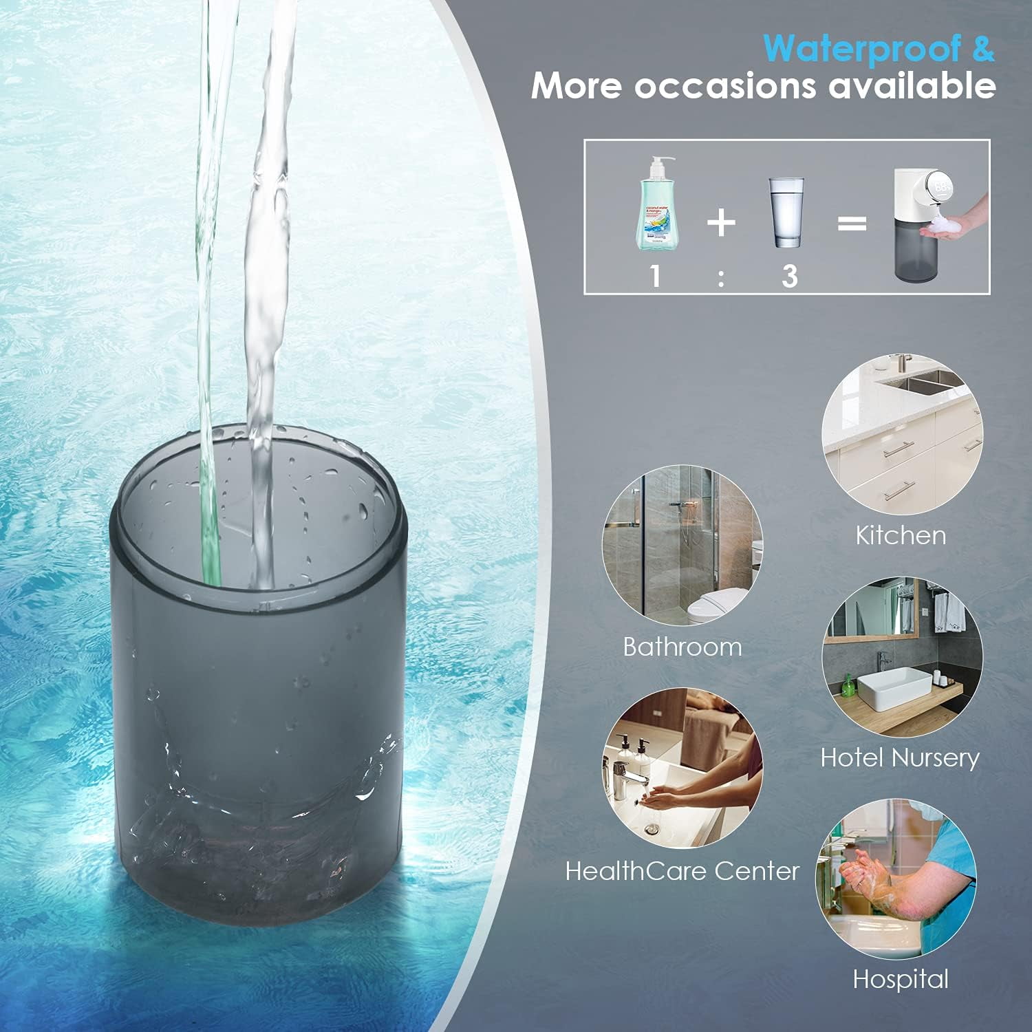 Automatic Touchless Soap Dispenser for Kitchen Sink, Electric Dish Foam Soap Dispenser with Temperature Display, Rechargeable Waterproof Soap Dispenser for Bathroom, Office, Hotel, Restaurant
