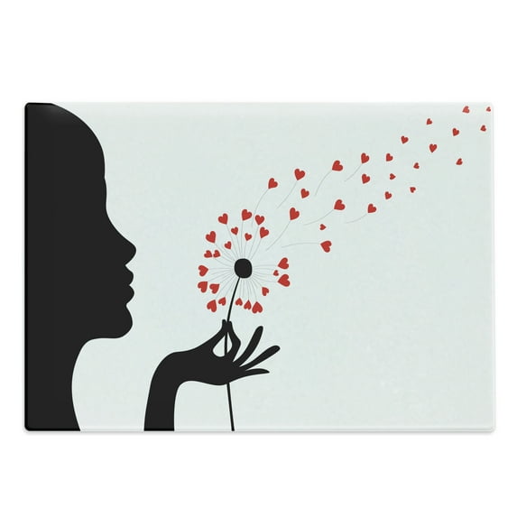 Abstract Woman Cutting Board, Romantic Design of a Woman Blowing a Dandelion Flower, Decorative Tempered Glass Cutting and Serving Board, in 3 Sizes, by Ambesonne