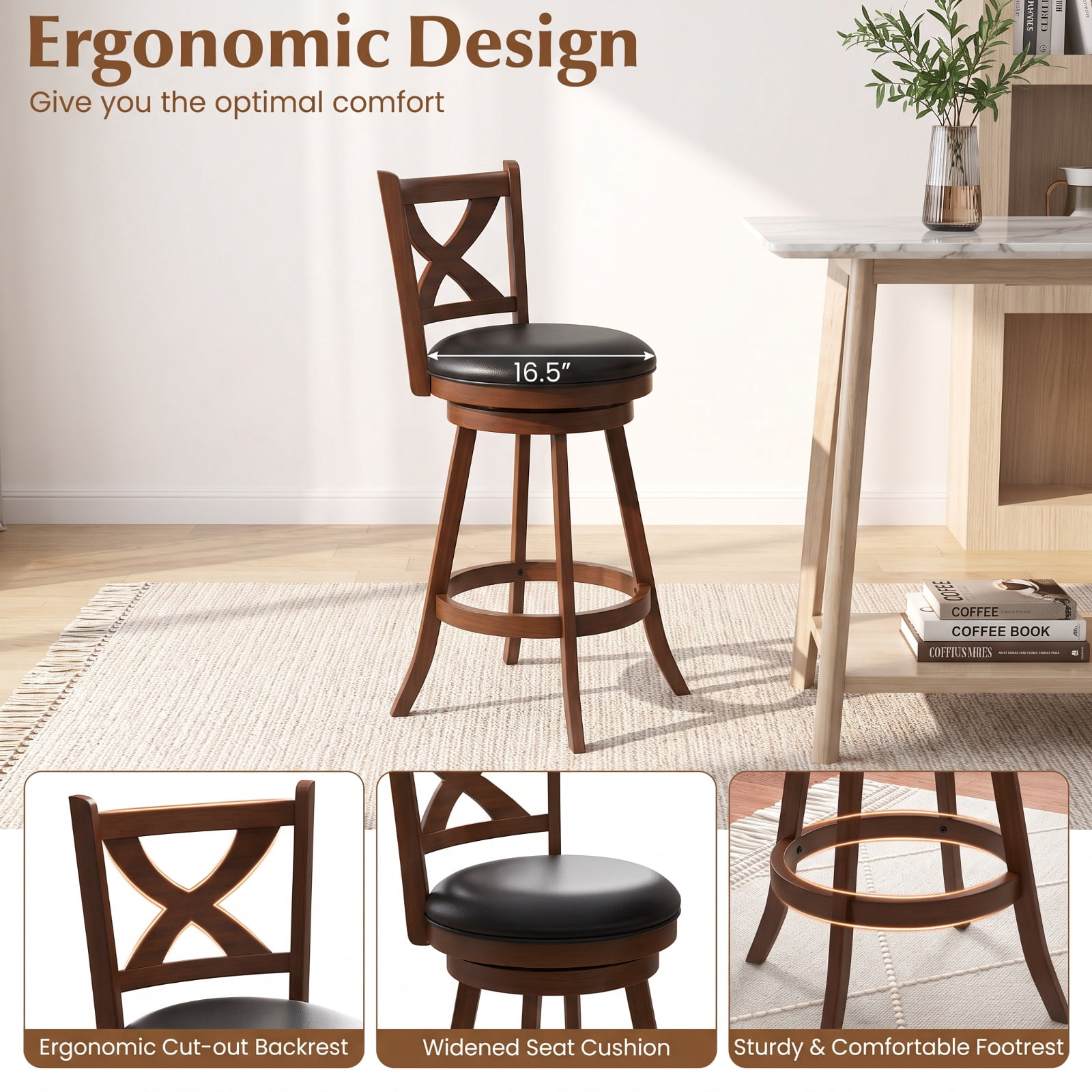 Furnibear 2 Pieces Classic Counter Height Swivel Bar Stool Set with X-shaped Open Back-30 Inch for Kitchen Island Counter Bar Pub Dining, Espresso