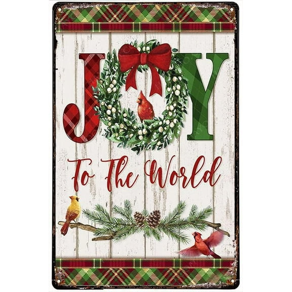 Vintage Style Metal Tin Sign Beautiful Christmas Wreath Joy To The World And Carninal With Check Pattern Bord Poster Wall Home Wall Art Decoration Retro Metal Tin Sign 8x12 inch
