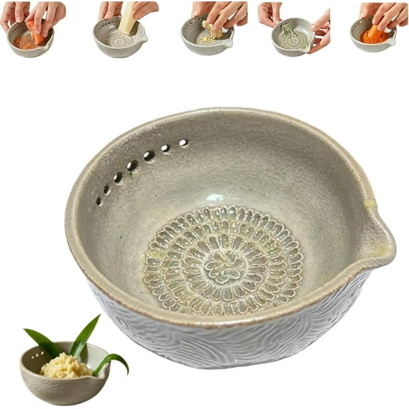 Jojowendy Handmade Garlic Grater X Herb Bowl, 2-in-1 Stoneware Kitchen Prep Tool, Handmade Ceramic Herb Stripper and Garlic Grater Bowl, Multi-use Kitchen Tool, For Ginger, Garlic, Herbs (1PCS)
