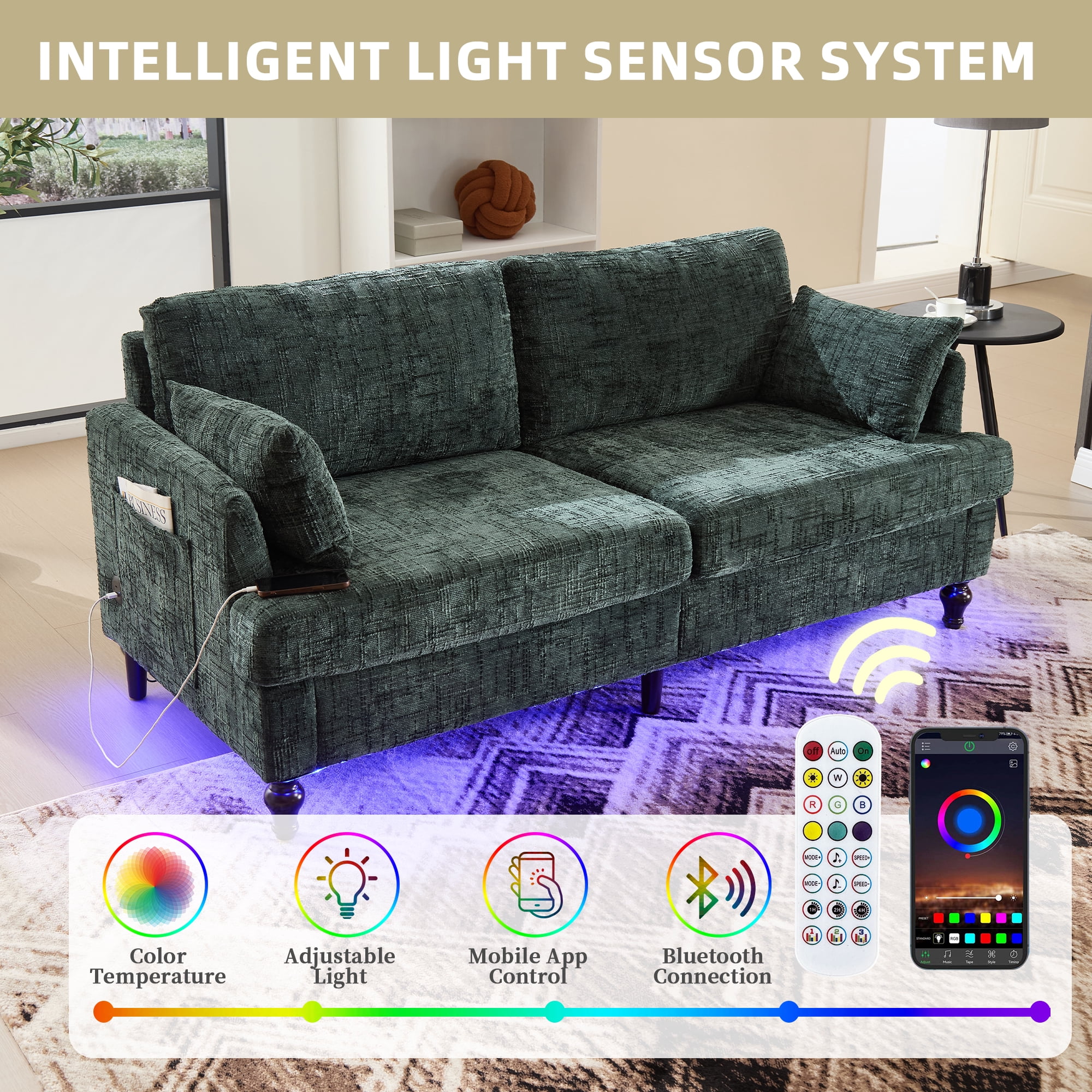 MOONMISS Chenille Upholstered Mid Century Modern Wood Frame Loveseats Sofa with LED light,USB and Side Pocket-Emerald
