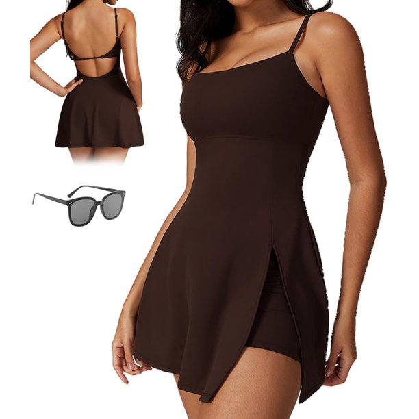 Vestido deportivo 2 en 1 con dobladillo dividido para mujer, vestidos con sujetador y pantalones cortos incorporados, vestido de tenis sin espalda con tirantes finos sin mangas