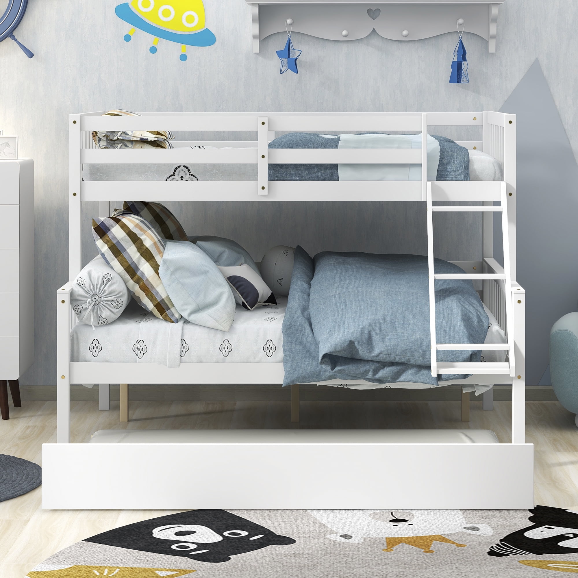 Resenkos Twin Over Full Bunk Bed with Trundle, Convertible into 2 Beds, the Bunk Bed with Ladder and Safety Rails,White