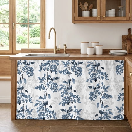 Cabinet Curtains 28 W x 51 L Blue Fruit Sink Skirt for Bathroom Kitchen Self Adhesive Vintage Plant Nature Botanical Flower Floral Desk Privacy Short Curtain for Sink Under Counter Classroom
