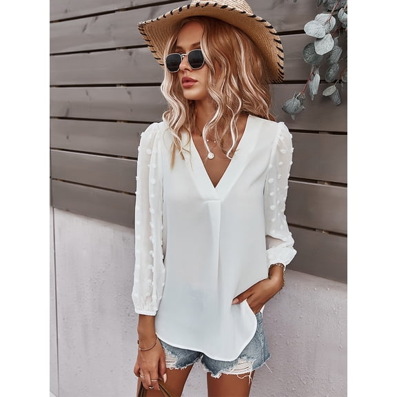 Womens Chiffon Blouse V Neck Pom Pom Tops Long Sleeve Swiss Dot Shirts