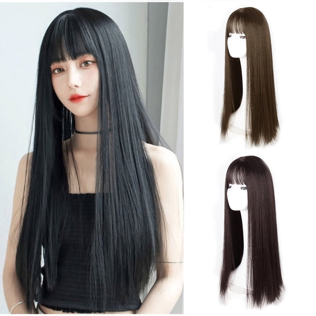 Xihbxyly Peluca Negra, Diseño Realista de Cabello Largo, Flequillo Suave, Textura Natural, Ajuste Ajustable, Fácil Mantenimiento, Uso Diario, Estilo Fiesta, Accesorio de Moda para Mujer.