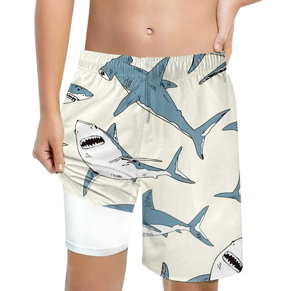 Tiijoy Big Boys Shark Print Swim Trunks with Compression Liner Board Shorts, Sizes 10-12
