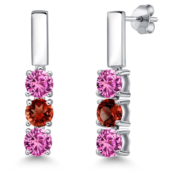 Gem Stone King 925 Sterling Silver Pink Created Sapphire and Red Garnet Drop Dangle Earrings for Women | 1.65 Cttw | Gemstone September Birthstone | Round 5MM