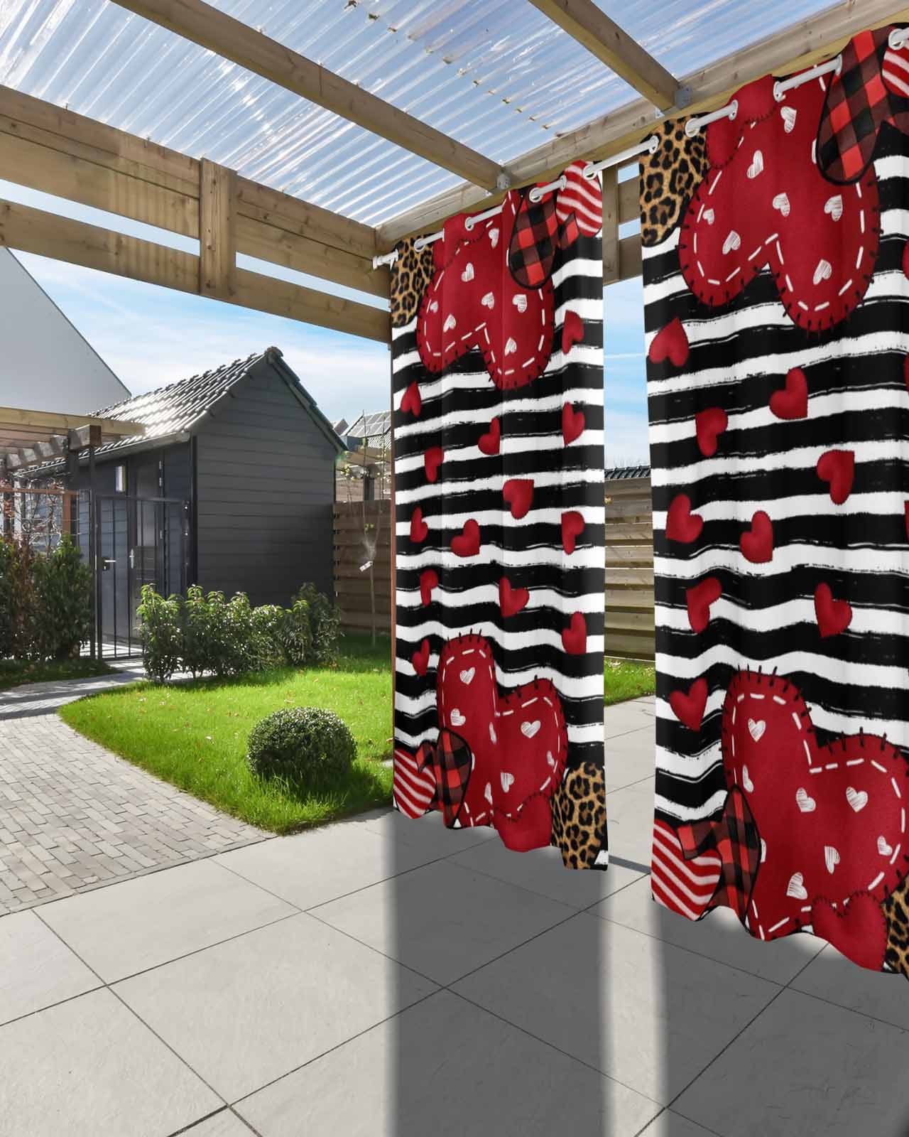 Valentine's Day Outdoor Curtains for Patio, Red Love Heart Leopard Spot Black Stripes Privacy Drapes Grommet Waterproof Outside Curtains for Porch/Cabana/Balcony 54"x 108", 1 Panel