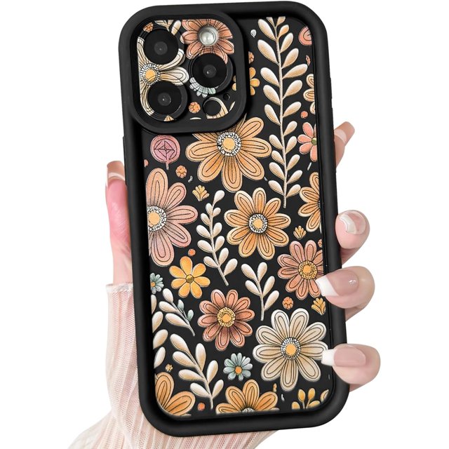 Biwat-Compatible for iPhone 14 Pro Case Aesthetic Cute Color Flower Floral Leaf Design for Girls Women Soft TPU Shockproof More Protective Girly for iPhone 14 Pro Case-Black