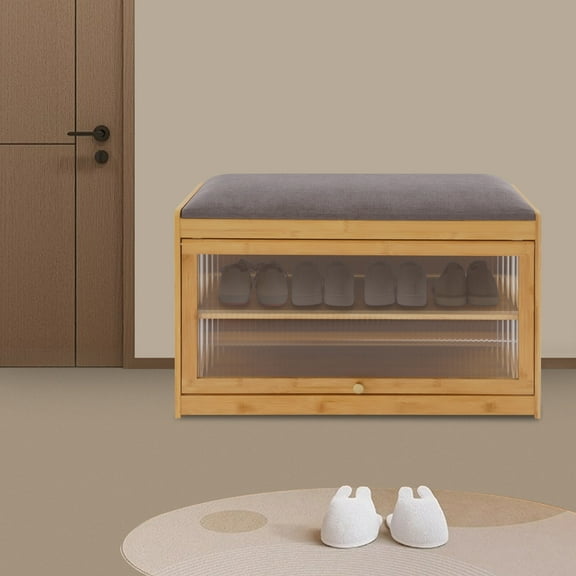 70cm 2-Tier Entryway Shoe Bench Shoe Rack Bench with Cushion Shoe Rack Bench Log Color