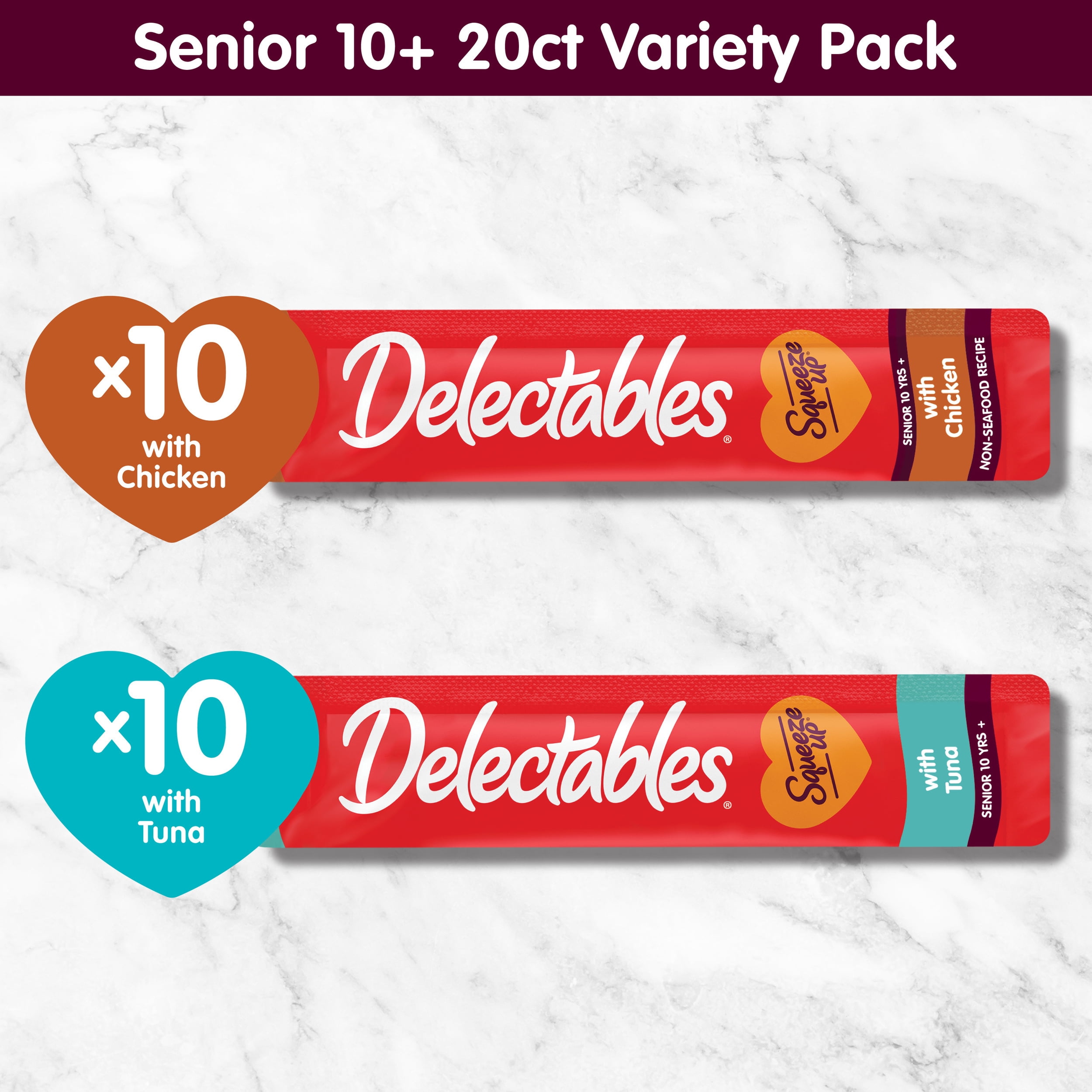 (4 pack) Delectables Squeeze Up Senior 10+ Chicken and Tuna Variety Pack Lickable Cat Treats, 0.5-oz tube, 20 Count