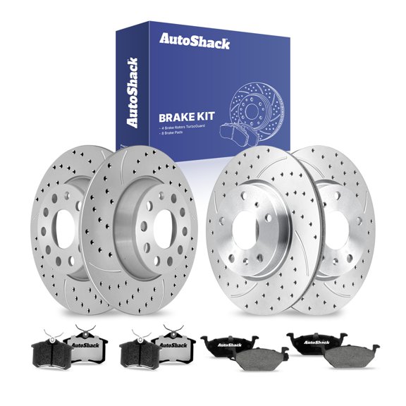 AutoShack Front Vented & Rear Solid Drilled & Slotted Coated Brake Rotors Silver Matte Finish   Ceramic Pads 12-PC Brake Kit Replacement for 2007-2009 Volkswagen Jetta City TurboGuard