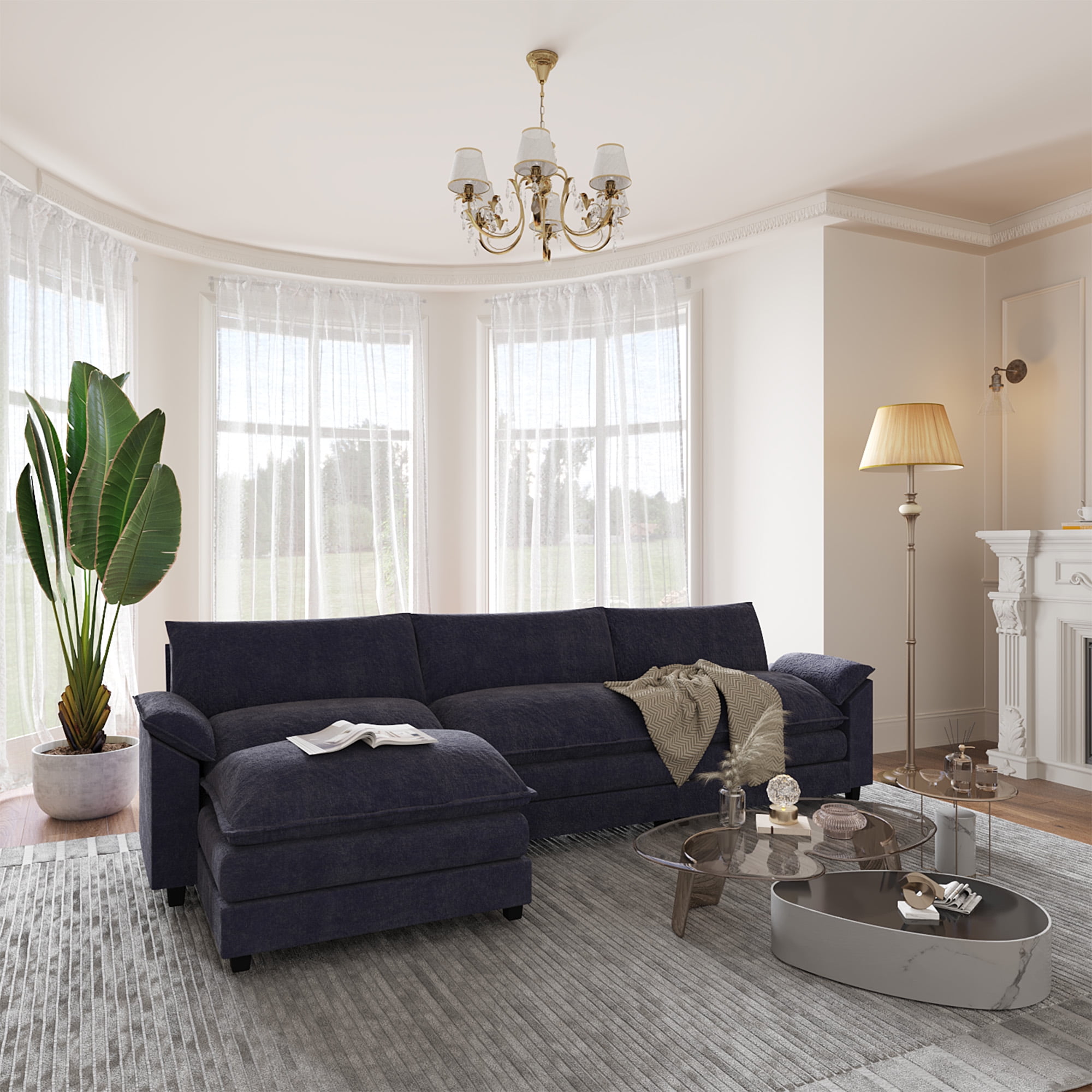 Furmax 3-Seat Sectional Sofa with Ottoman, Blue