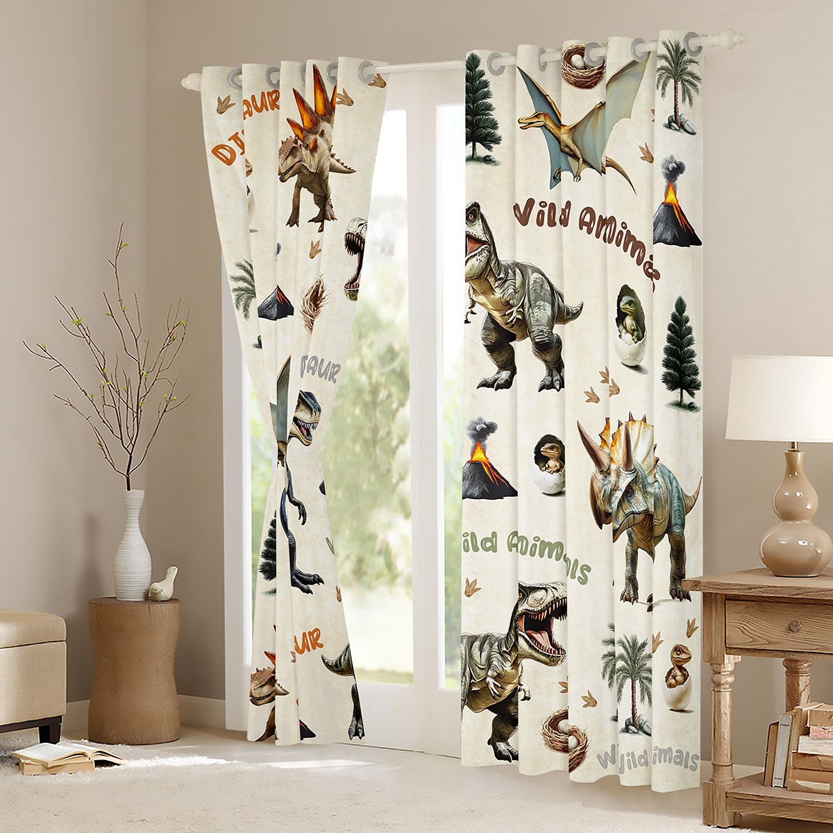 Homewish Ancient Dinosaur Curtains Pack of 2 (42x84 Each),Wild Dino Curtains Blackout,Beige Brown Bedroom Curtains For Boys Teens,Breathable Home Decor