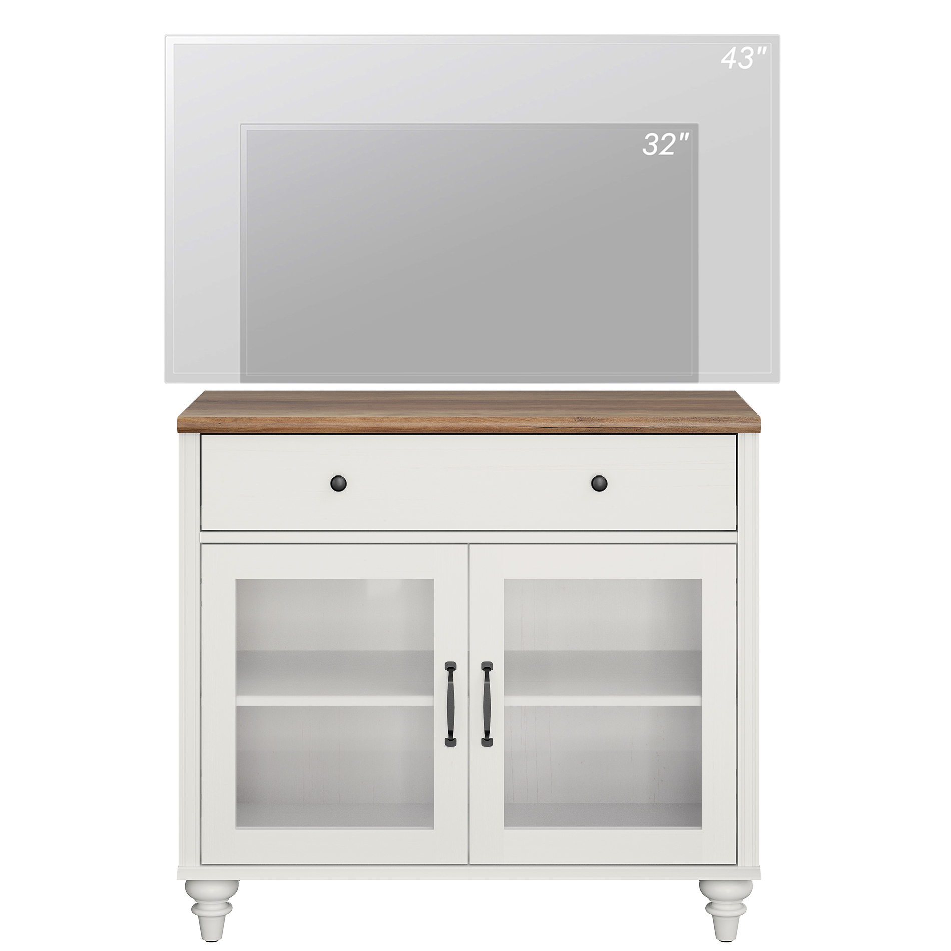 Farmhouse TV Stand For 43 Inch TV With Glass Doors And Drawer, Wood Universal TV Stand With Storage Cabinets, Entertainment Center TV Console Table For Living Room, Bedroom, White