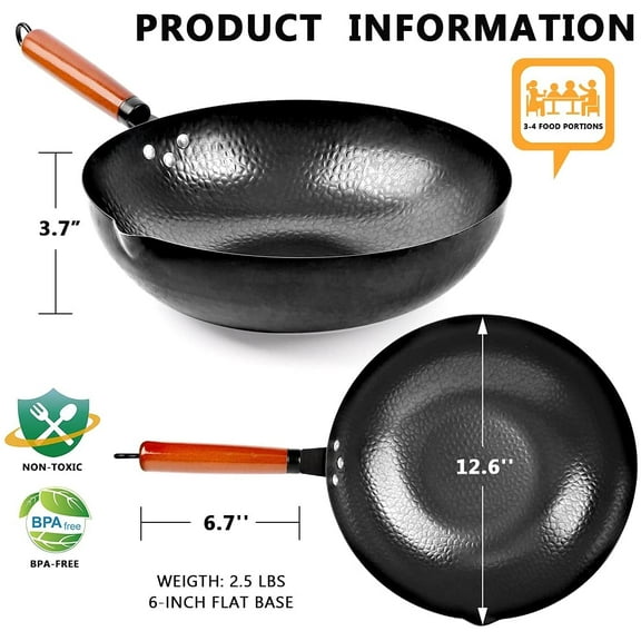 Carbon Steel Wok Pan Set with Wooden Lid, 14 Piece Cookware for All Stoves - 12.6''