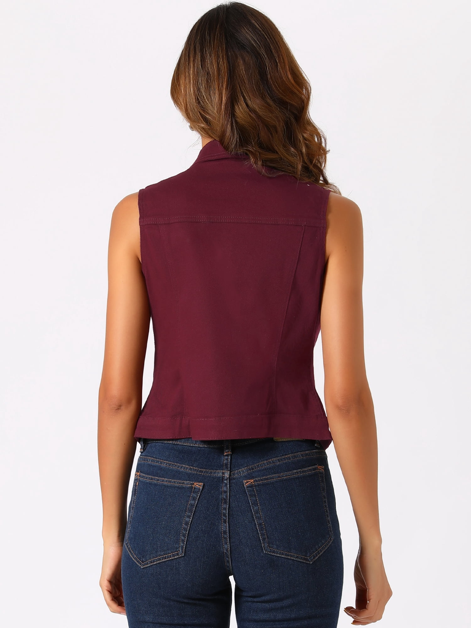 DARING DIVA Women's Denim Sleeveless Flap Pockets Vest Jacket XS Dark Red