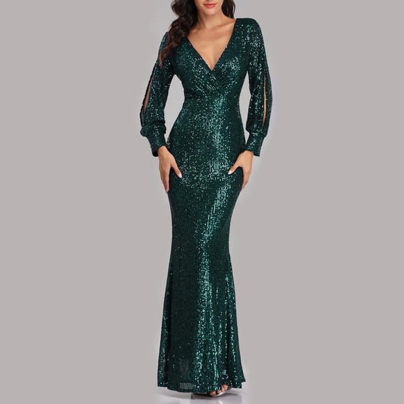 DondPO Sequin Dress for Women,Long Sleeve Dress Fishtail Evening Dresses Embroidered Wedding Bridesmaid Evening Bandage Prom Ball Gowns Plus Size Dresses,Maxi Dress Green Dress M