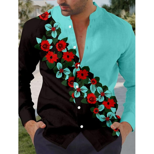 Camisa vintage con estampado floral para hombre, para uso diario, para salir, para fines de semana, para verano, primavera y otoño, camisa de poliéster rosa con cuello vuelto y manga larga