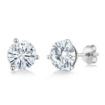 Gem Stone King 18K White Gold Moissanite 3 Prong Stud Earrings for Women Men (2.00 Cttw, Round 6.5MM)