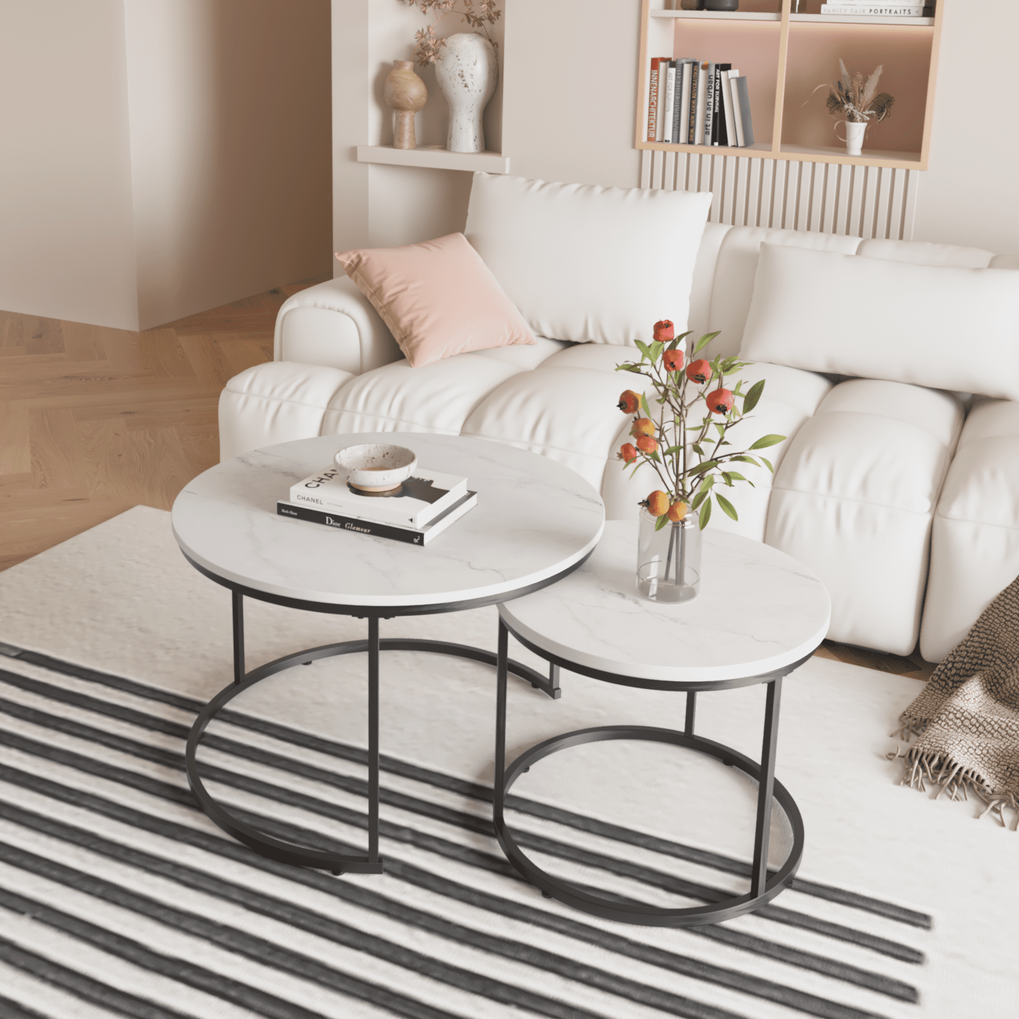 27.6" Nesting Coffee Table Set of 2, Round Coffee Table Wood Marble Pattern Top with Sturdy Metal Frame, End Table Side Tables for Living Room Bedroom Balcony Yard (White)