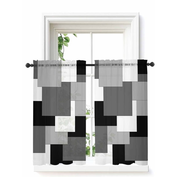 Black Grey Curtains 45 Inch Length,Sheer Curtains for Bedroom Living Room Window Middle Century Irregular Geo Abstract Art Rod Pocket Voile Drapes Kitchen Curtains Small Half Window 42"x45" 2 Panels